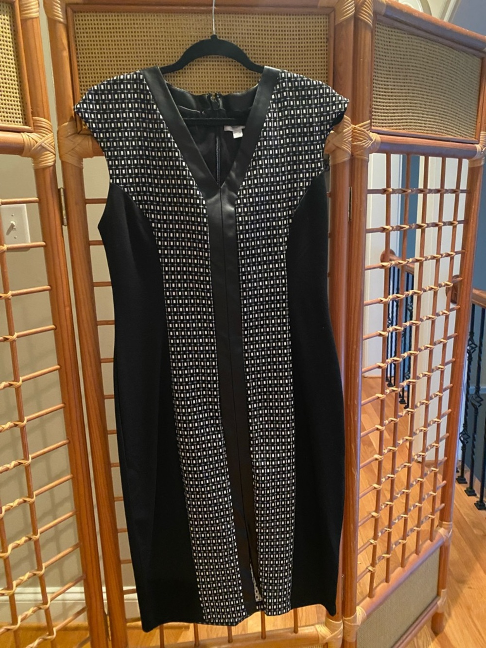 New York & Company Black and White Faux-Leather Trim Dress